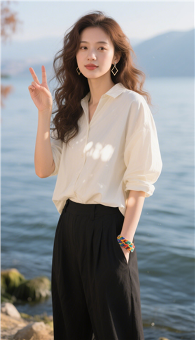 奶茶色长卷发衬衫休闲裤美女图片